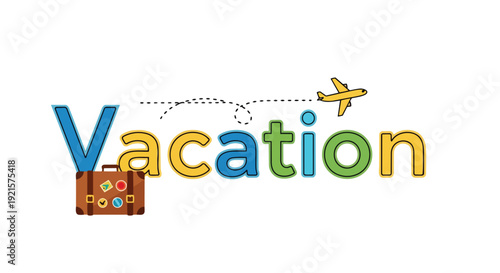 Vibrant travel typography illustration featuring a suitcase and an airplane symbolizing an exciting journey