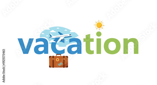 This vibrant artwork encapsulates the spirit of a dream vacation. An airplane above clouds, a classic suitcase, and sun promise memorable holiday