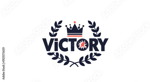 Bold typographic triumph emblem with laurel wreath and crown signifying success and achievement