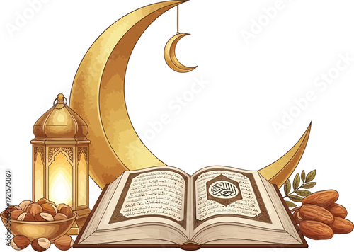 Ramadan Kareem illustration with Quran, crescent moon, lantern, and dates vector