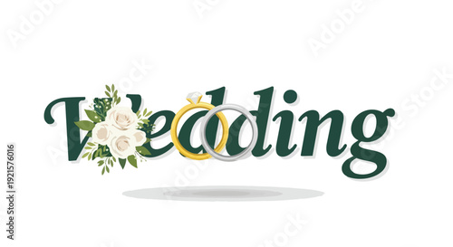 An elegant illustration of the word 'Wedding' adorned with delicate white roses, lush green foliage, and two intertwined symbolic gold and silver