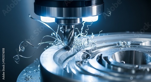 Macro close up of CNC milling machine cutting metal part with shavings, modern industrial manufacturing and precision engineering technology concept