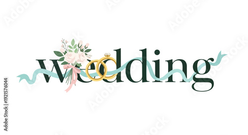 Charming Wedding Typography Adorned with Floral Elements, Golden Rings, and a Flowing Ribbon