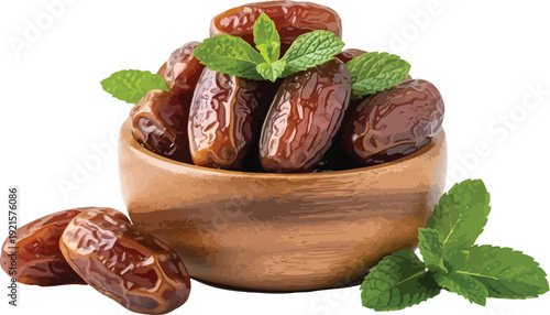 Dates in wooden bowl with mint leaves vector illustration for food and healthy eating