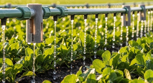 Macro close up of smart drip irrigation system watering green leafy crop field, precision agriculture and water conservation farming technology concept with golden sunlight bokeh