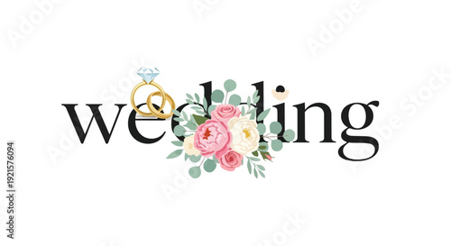 Elegant wedding typography with golden rings and a floral bouquet, symbolizing eternal love and commitment for couples. A beautiful design