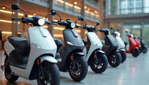 Electric scooters stand in a modern building. These are clean, sustainable vehicles for urban travel. They represent future transport for city dwellers.