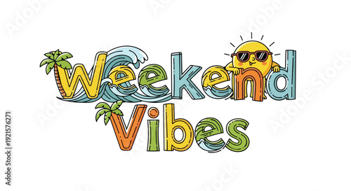 An illustration depicting a cheerful summer getaway theme with playful typography waves and a cool sun character creating ultimate vacation