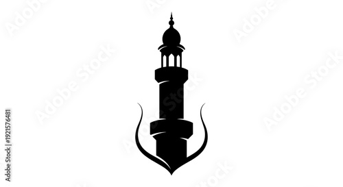 Minaret Silhouette with Crescent Moon Symbol.