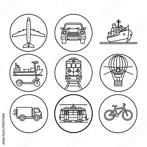 Transport Icons: A collection of meticulously crafted, minimalistic icons showcasing diverse modes of transport. From the sleek lines of an airplane to the simple elegance of a bicycle.