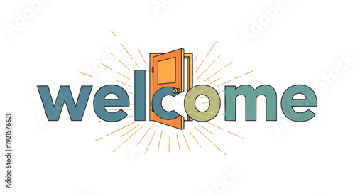 Vibrant welcome text with an inviting open door symbolizing new opportunities and warm greetings