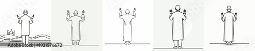 Line art of a Muslim man standing praying gesture in Ramadan back view