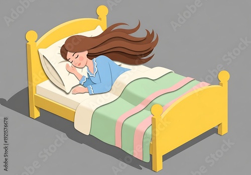 A peaceful paper cut-out illustration depicting a young woman deeply asleep in a comfortable yellow bed, nestled under a soft green blanket.