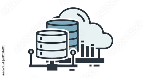 Cloud database illustration Cylinders emerge from a cloud with network connections