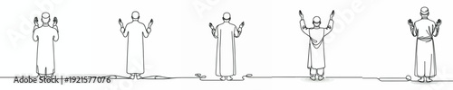 Line art of a Muslim man standing praying gesture in Ramadan back view