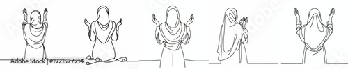 half body Line art of a Muslim woman standing praying gesture in Ramadan back view