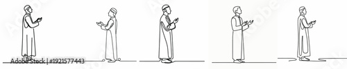 Line art of a Muslim man standing praying gesture in Ramadan side view