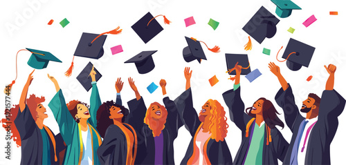 Happy diverse graduates throwing caps in the air celebrating their success together