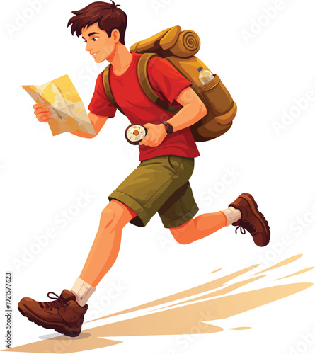 Adventurous hiker studying a map and compass while exploring the wilderness.