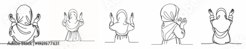 half body line art of a Muslim girl standing praying gesture in Ramadan back view