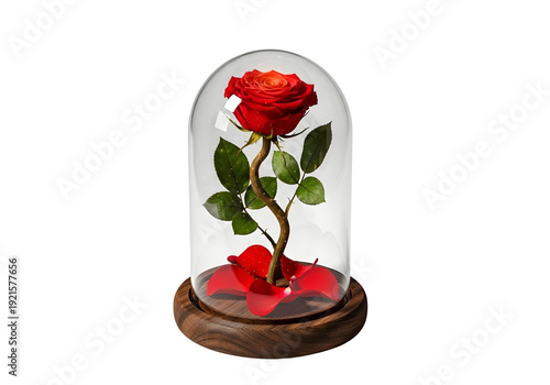 A single red rose under a glass dome on a black base with scattered petals isolated on transparent background