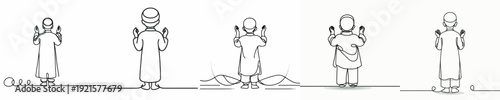 Line art of a Muslim boy standing praying gesture in Ramadan back view