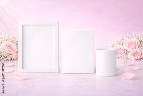 Feminine Mockup for Women's Day with Pink Roses and Blank Canvas