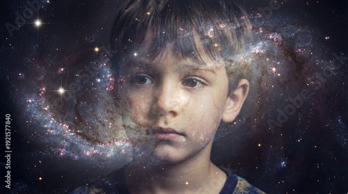 Boy stands in tall grass looking at night stars concept. A thoughtful child with a galaxy background, reflecting imagination.