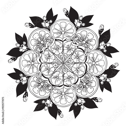 Citrus fruit slices mandala, orange lemon grapefruit symmetrical pattern