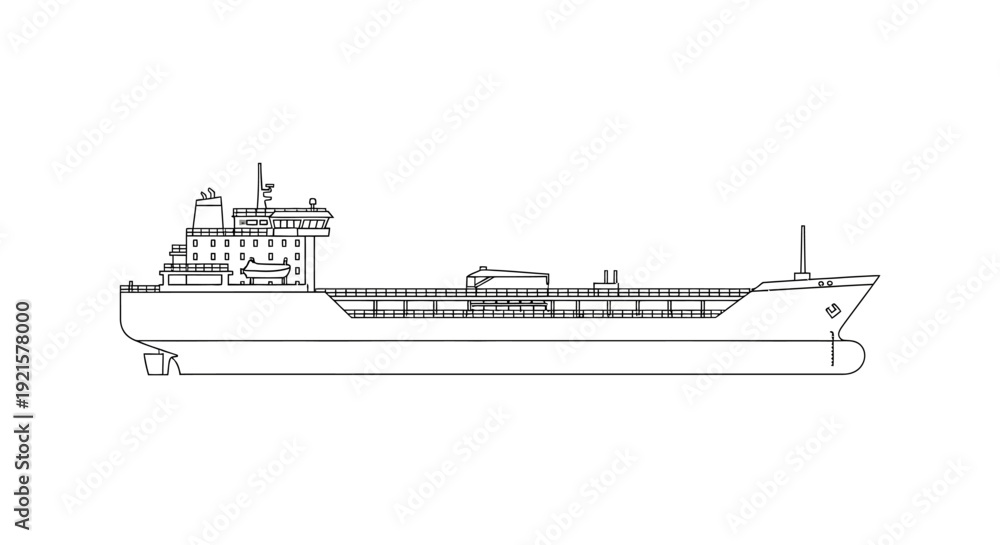Fototapeta premium Detailed line drawing of a large cargo ship or oil tanker, showing its full broadside profile and deck structures.