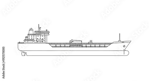 Detailed line drawing of a large cargo ship or oil tanker, showing its full broadside profile and deck structures.
