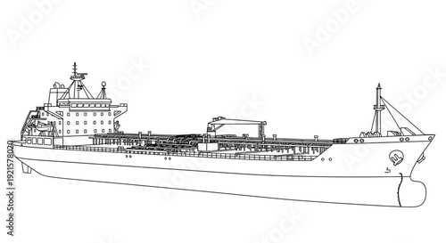 Detailed line drawing of a large cargo ship or oil tanker on a white background.