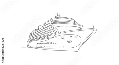 A detailed line drawing of the bow of a large cruise ship, showcasing its multiple decks and elegant design.