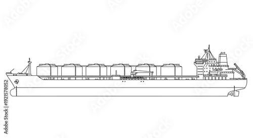 Line drawing of a large liquefied natural gas (LNG) carrier ship, depicted in a side profile view, showcasing its multiple cylindrical cargo tanks on deck.