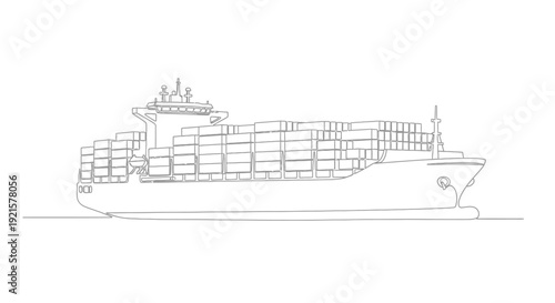 Line art illustration of a large cargo container ship sailing on the water, loaded with numerous shipping containers, depicting global trade and logistics.