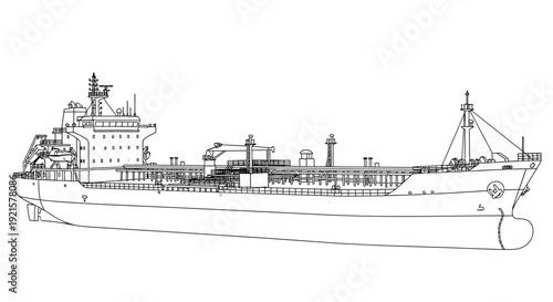 Detailed line drawing of a large cargo ship or oil tanker.