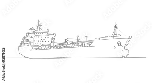 Detailed line drawing of a large cargo ship or oil tanker in profile view, illustrating its structure and design.
