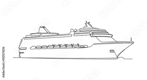 Continuous line drawing of a large passenger cruise ship sailing on the water, isolated on a white background.