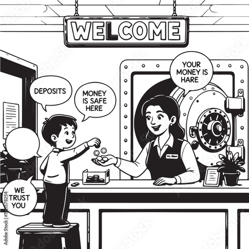 Boy making deposit at bank with teller and vault