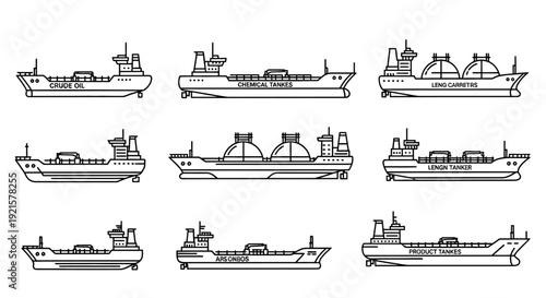 Collection of various cargo ships and tankers in line art style, illustrating different designs for maritime transport.