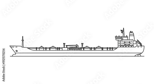 Line drawing of a large cargo tanker ship in profile, used for transporting liquids across oceans and seas.