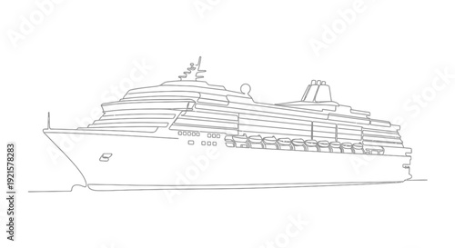 Detailed line art drawing of a large passenger cruise ship sailing on the water.