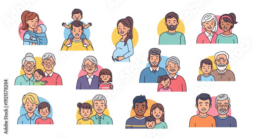 Diverse Family Portraits Collection People Generations Together.