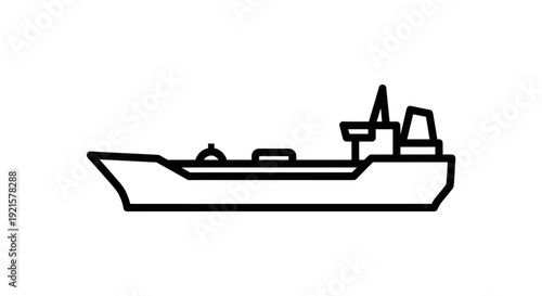 Simple black and white line art illustration of a cargo ship or tanker, viewed from the side, depicting its hull, deck, and superstructure.