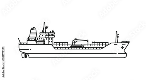 Line art illustration of a large cargo ship or tanker vessel, side profile view, representing global maritime transport.