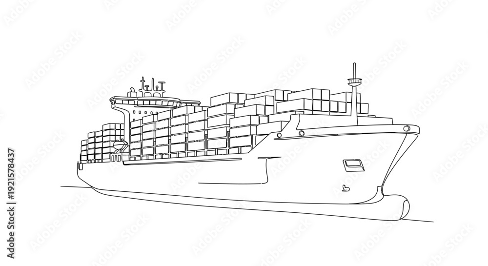 Obraz premium A detailed line drawing of a large container ship loaded with many cargo boxes, viewed from the front-side.