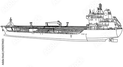 Detailed line drawing of a large cargo ship or oil tanker, showing its full profile and deck structures.