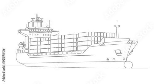 Line art illustration of a large cargo container ship sailing on the water, depicted from a side view.