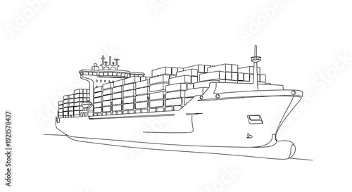 A detailed line drawing of a large container ship loaded with many cargo boxes, viewed from the front-side.