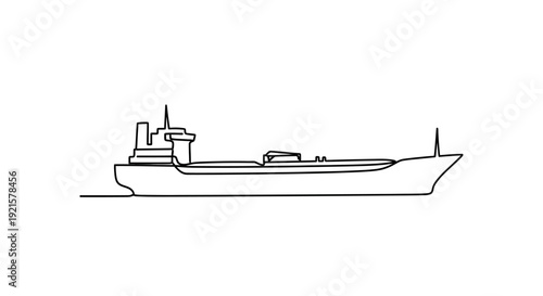 A minimalist line drawing of a cargo ship sailing on the water, showcasing its long hull and superstructure.
